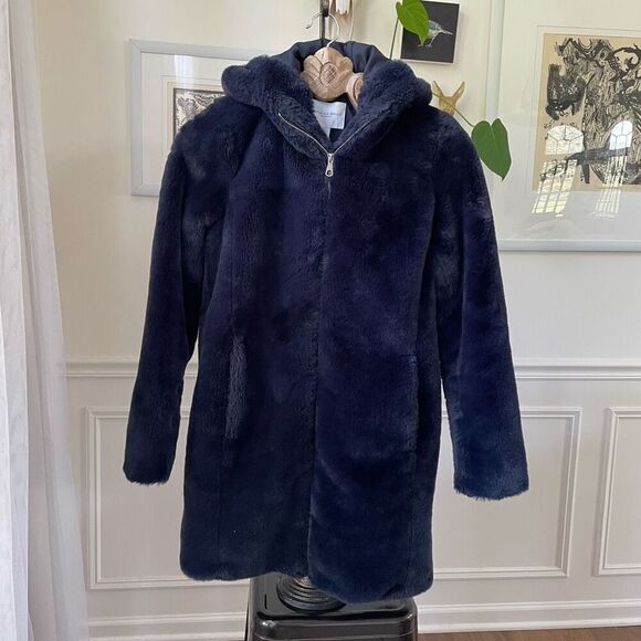 Carolina Belle Jackets & Blazers - Carolina Belle Dark Blue Faux Fur Plush Hooded Coat XS